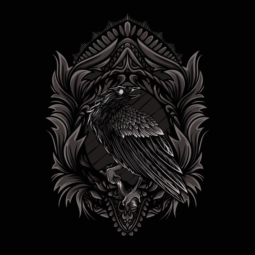 corvo com moldura de ornamento de ilustração em fundo preto vetor