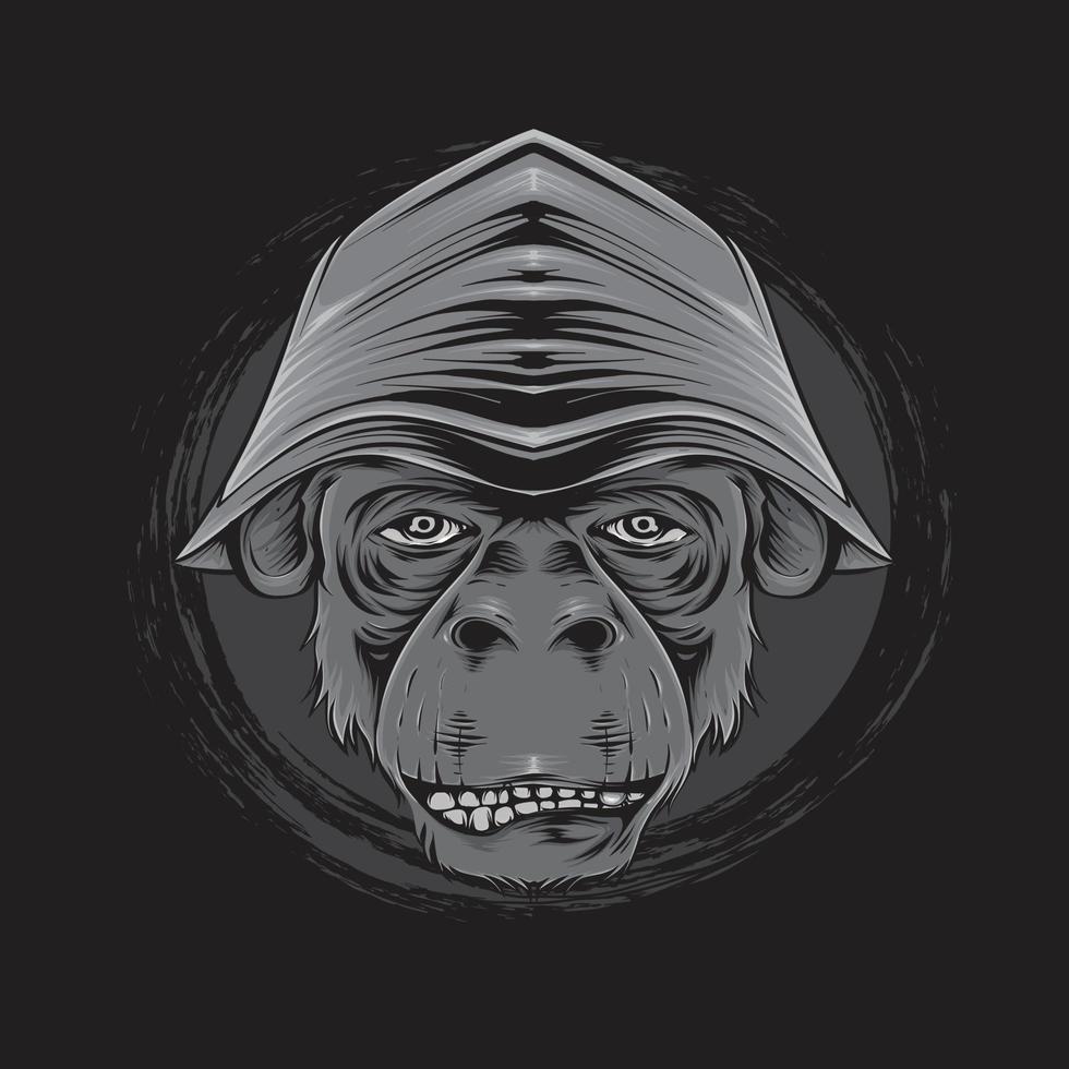 ilustração de detalhe de cabeça de macaco fumando e usando um chapéu preto e branco vetor