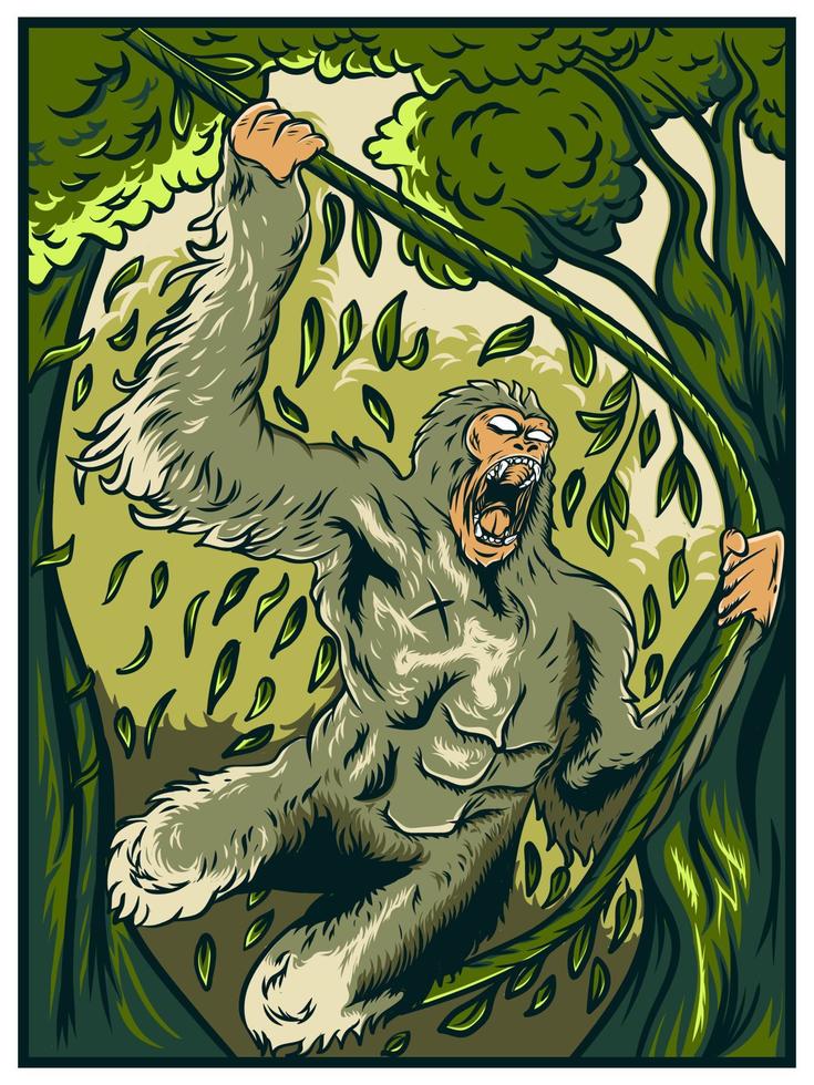 macaco bravo segurando uma videira na ilustração da selva vetor