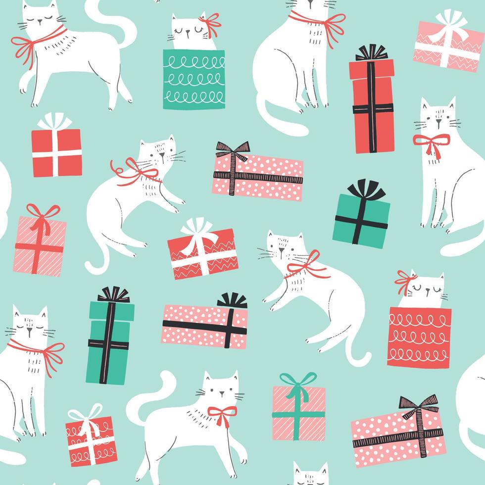 padrão de vetor de natal com gatos com arcos e caixas de presente. mão desenhada fundo sem costura com gatos, apresenta com arcos.