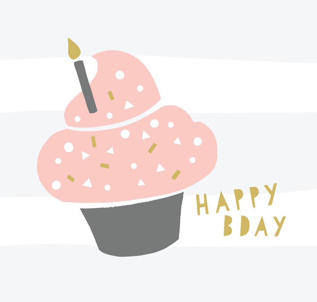 cartão de feliz aniversário cupcake. cupcake na moda com uma vela e granulado geométrico. cartaz de aniversário hipster. vetor