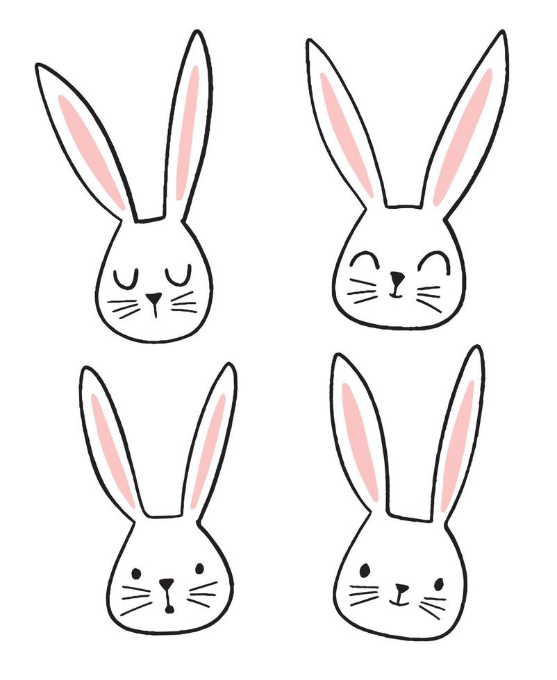 rostos de coelhinho fofo desenhados à mão com diferentes emoções e expressões. ilustração de coelho doodle. vetor