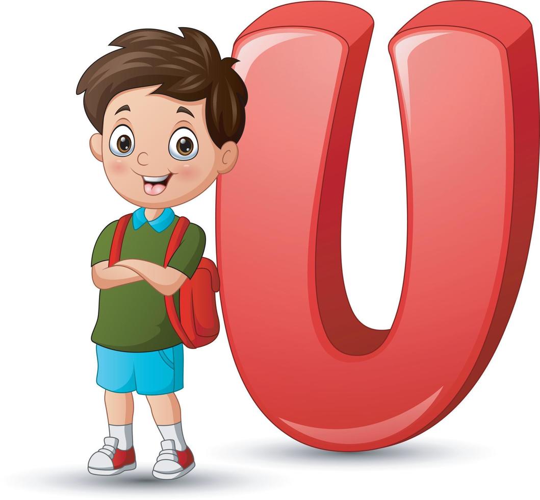 ilustração de um menino posando ao lado de uma letra u vetor