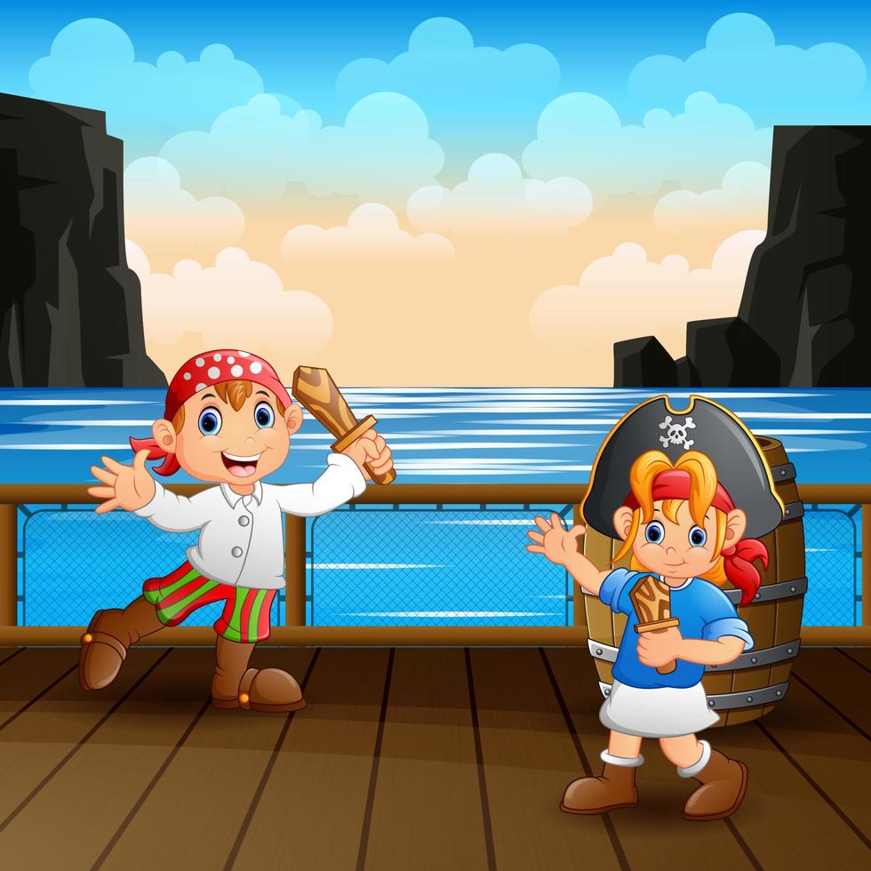 crianças piratas felizes em uma ilustração de deck vetor