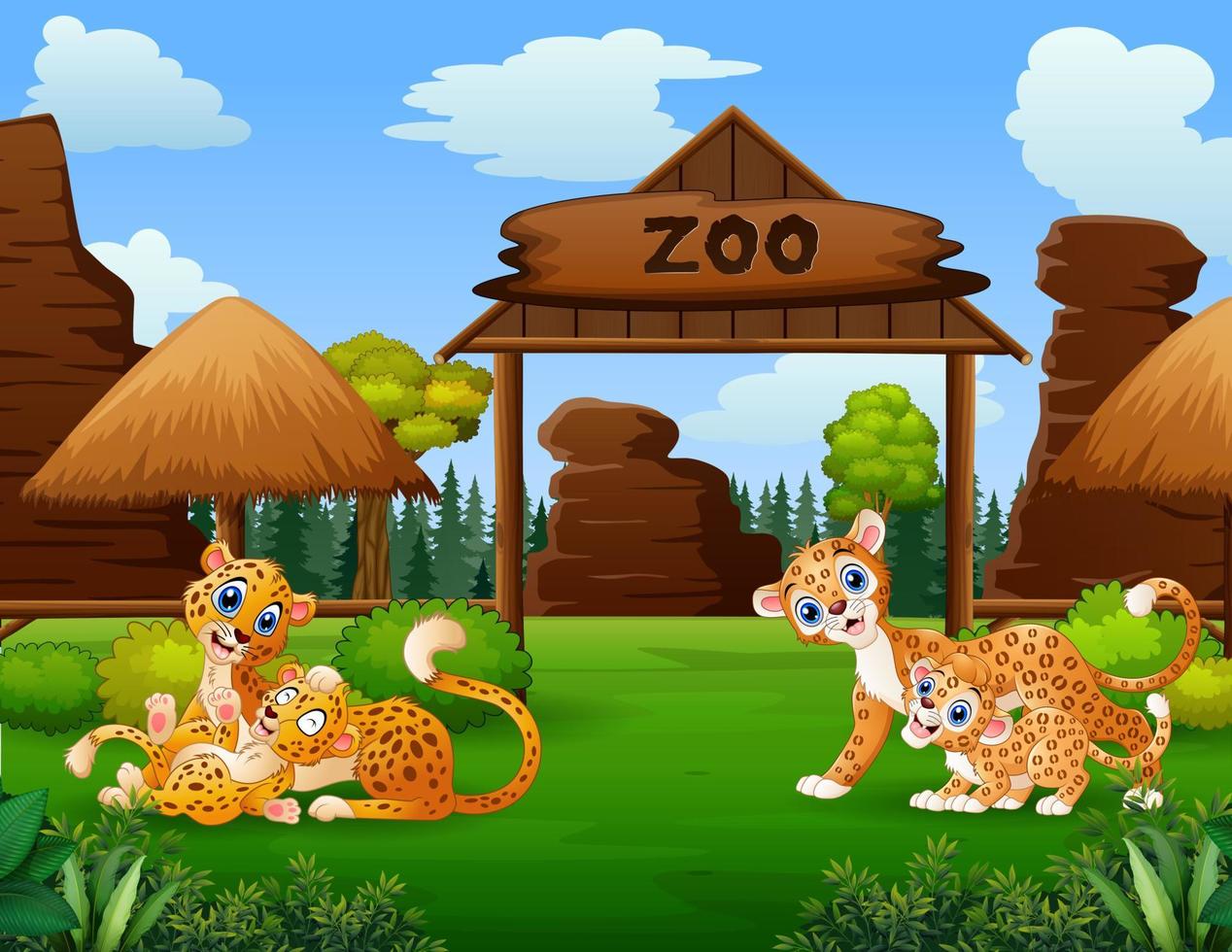 animal selvagem feliz com seus filhotes na ilustração do zoológico vetor