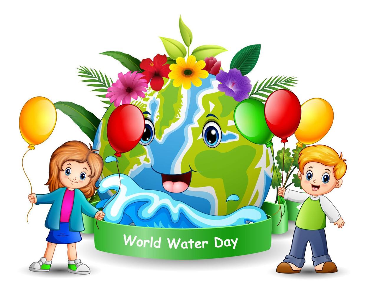 design do dia mundial da água com crianças felizes segurando balões vetor