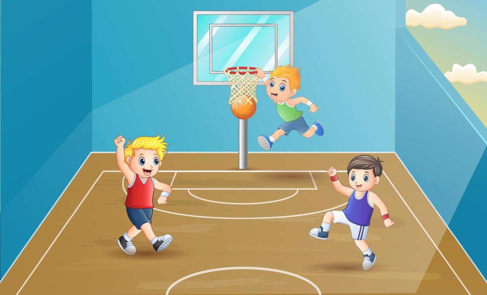 crianças felizes jogando basquete no salão de esportes vetor
