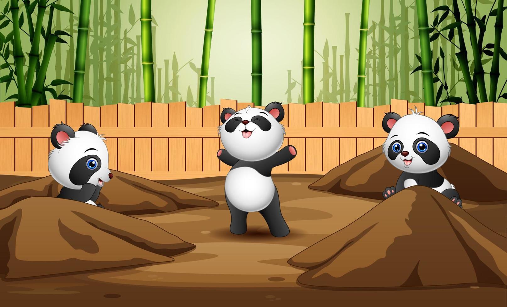 desenho de três pandas brincando na gaiola aberta vetor