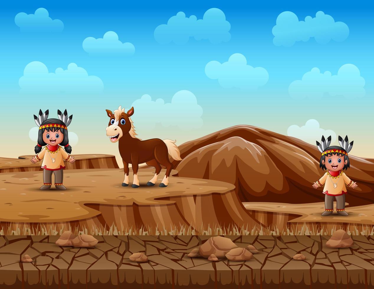 desenhos animados crianças nativo americano na paisagem de terra seca vetor