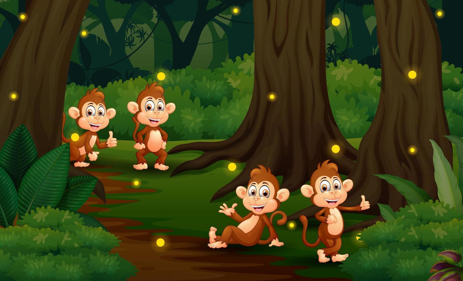 ilustração dos desenhos animados de quatro macacos brincando na floresta escura vetor