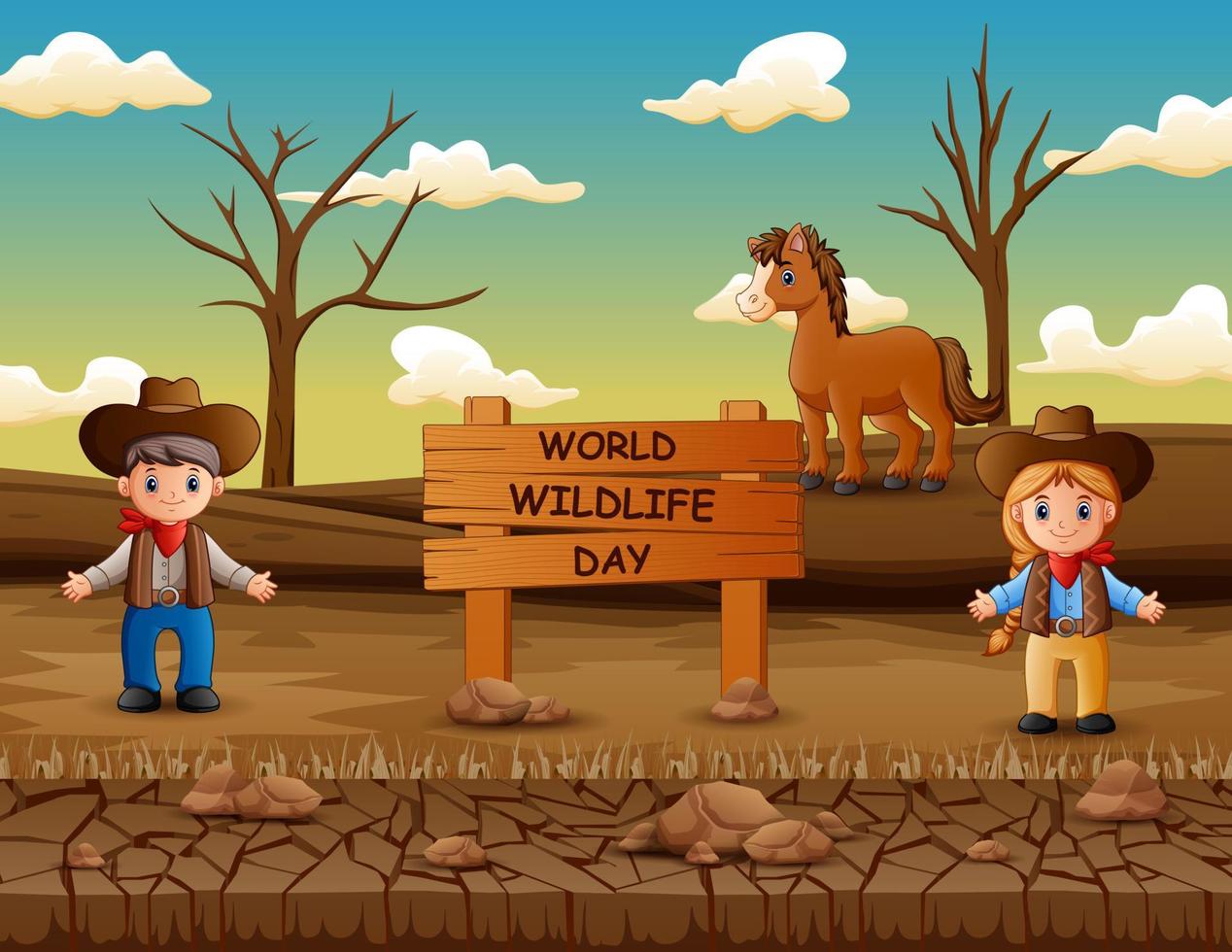 sinal do dia mundial da vida selvagem com cowboy e cowgirl em terra seca vetor