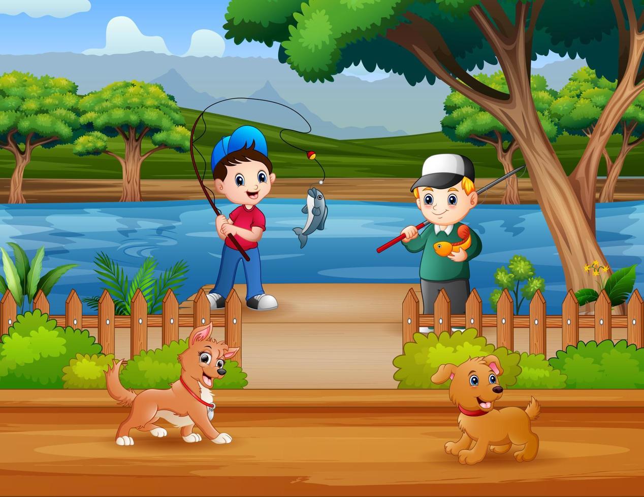 meninos dos desenhos animados pescando na ilustração do rio vetor