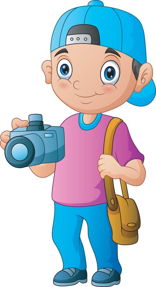 menino fotógrafo de desenho animado segurando uma câmera vetor