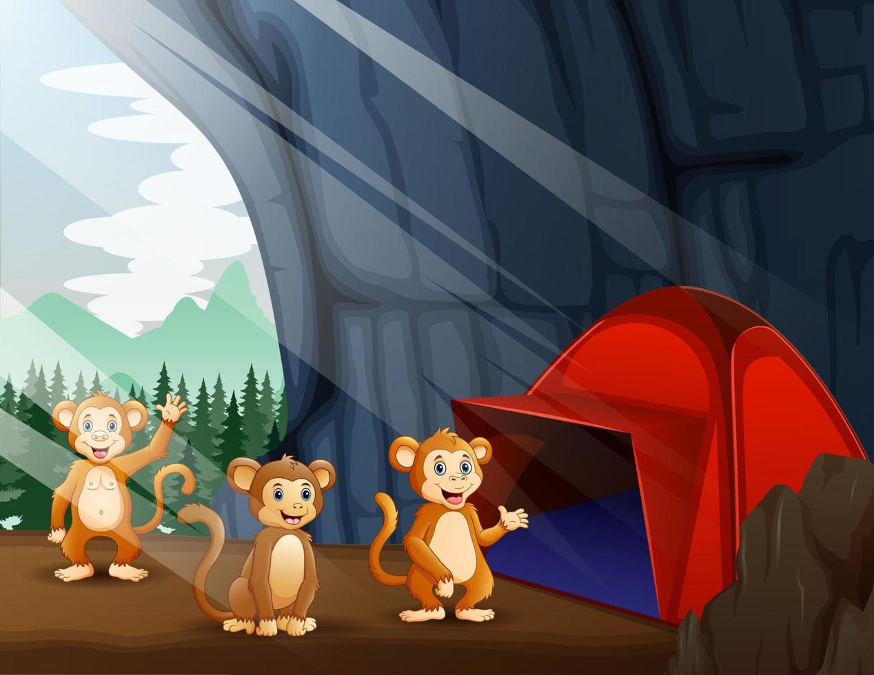 cena com barraca de acampamento e três de macacos vetor