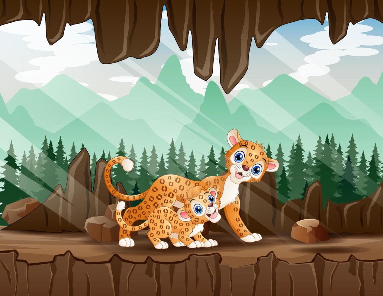 desenho animado uma mãe leopardo com seu filhote na caverna vetor