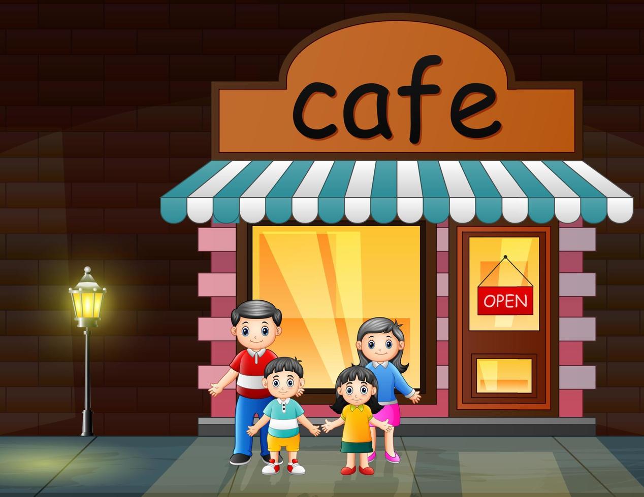 família feliz dos desenhos animados em frente ao café vetor