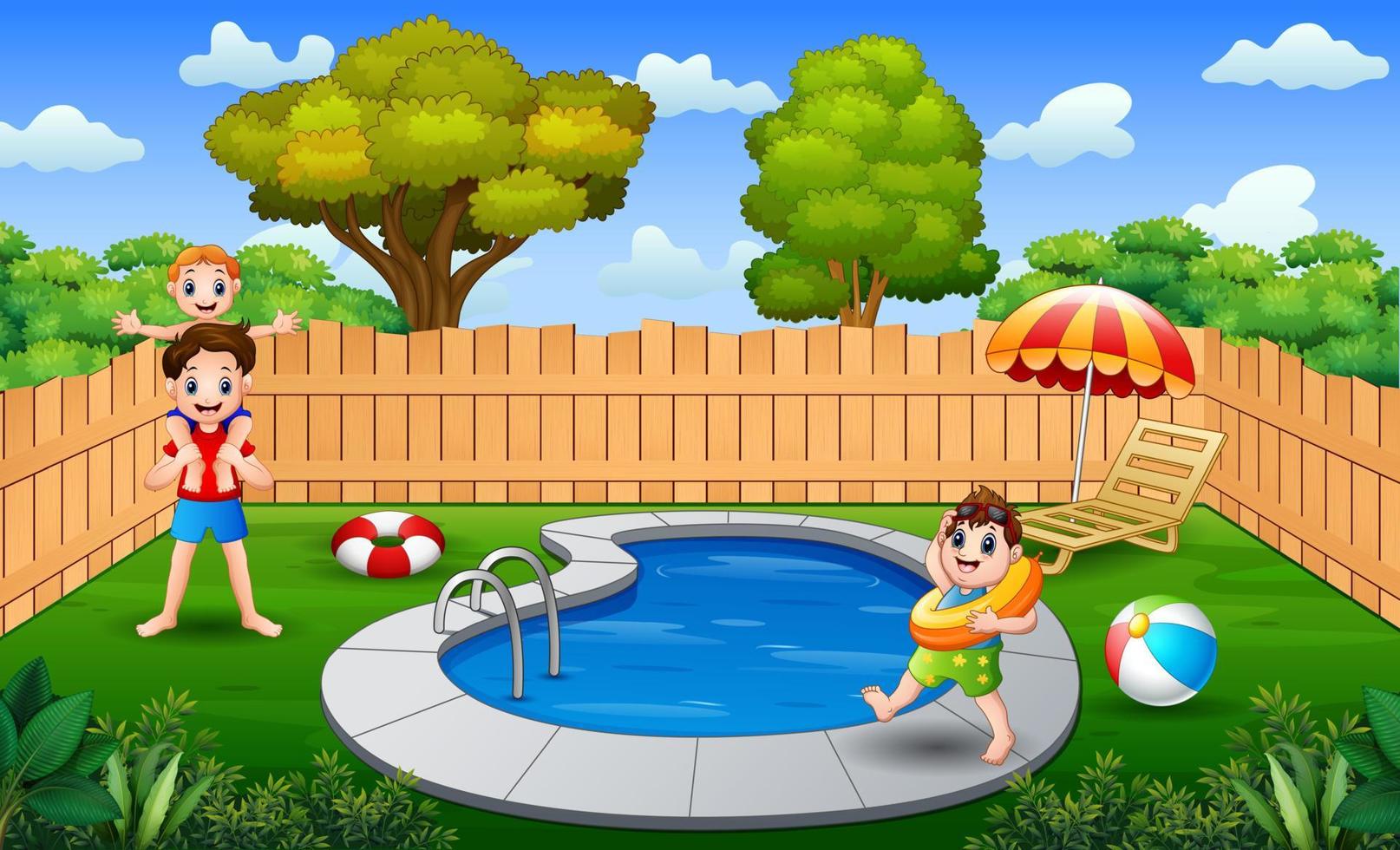 meninos felizes brincando em uma piscina ao ar livre vetor