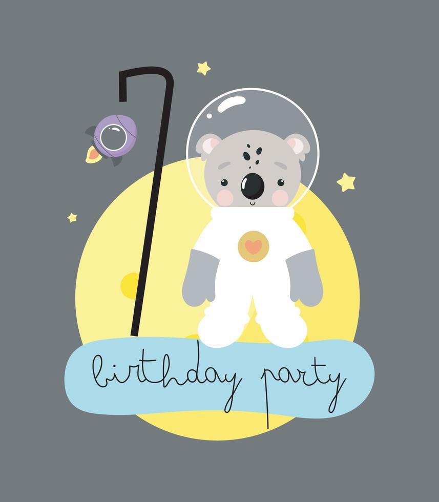 festa de aniversário, cartão, convite para festa. ilustração de crianças com coala cosmonauta fofo e uma inscrição sete. ilustração vetorial em estilo cartoon. vetor