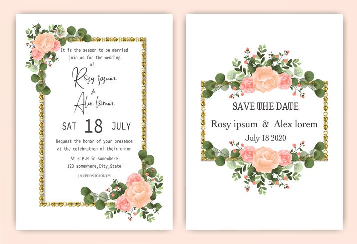 Cartão de convite de casamento elegante grinalda rosa vetor