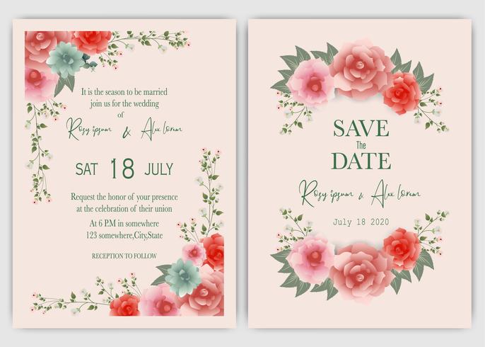 Convite de quadro de casamento floral rosa mão desenhada vetor