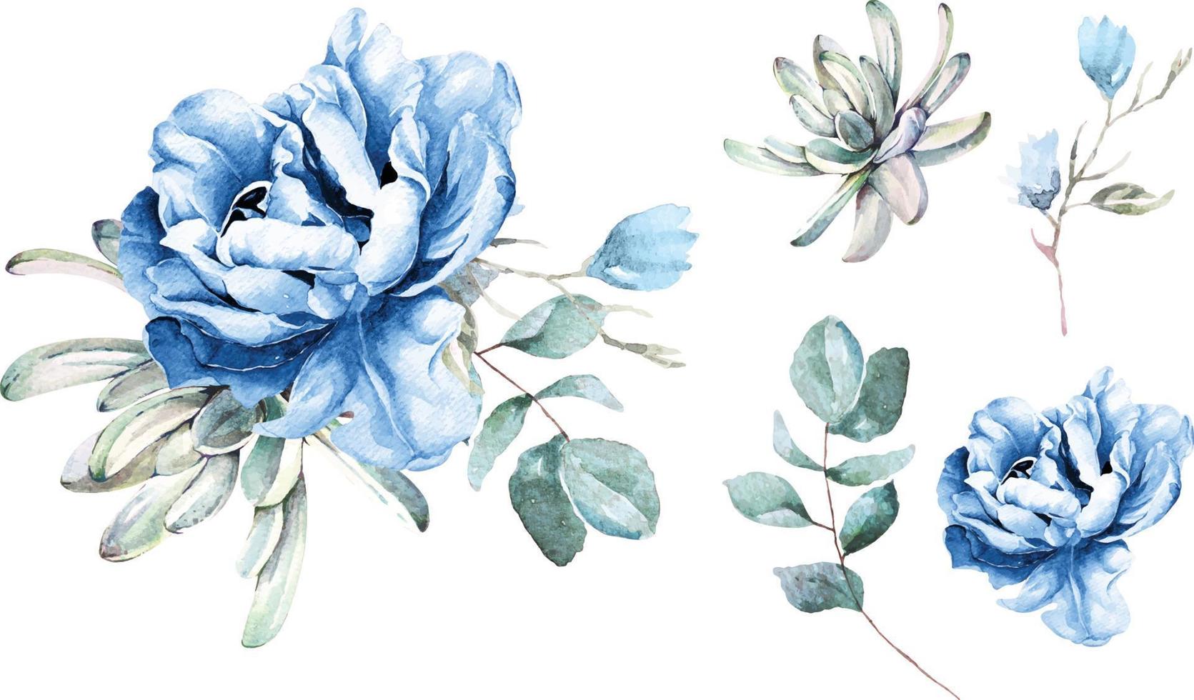 buquê de peônia flor azul e cacto com watercolors.suitable para decorar cartões de convite de casamento. vetor