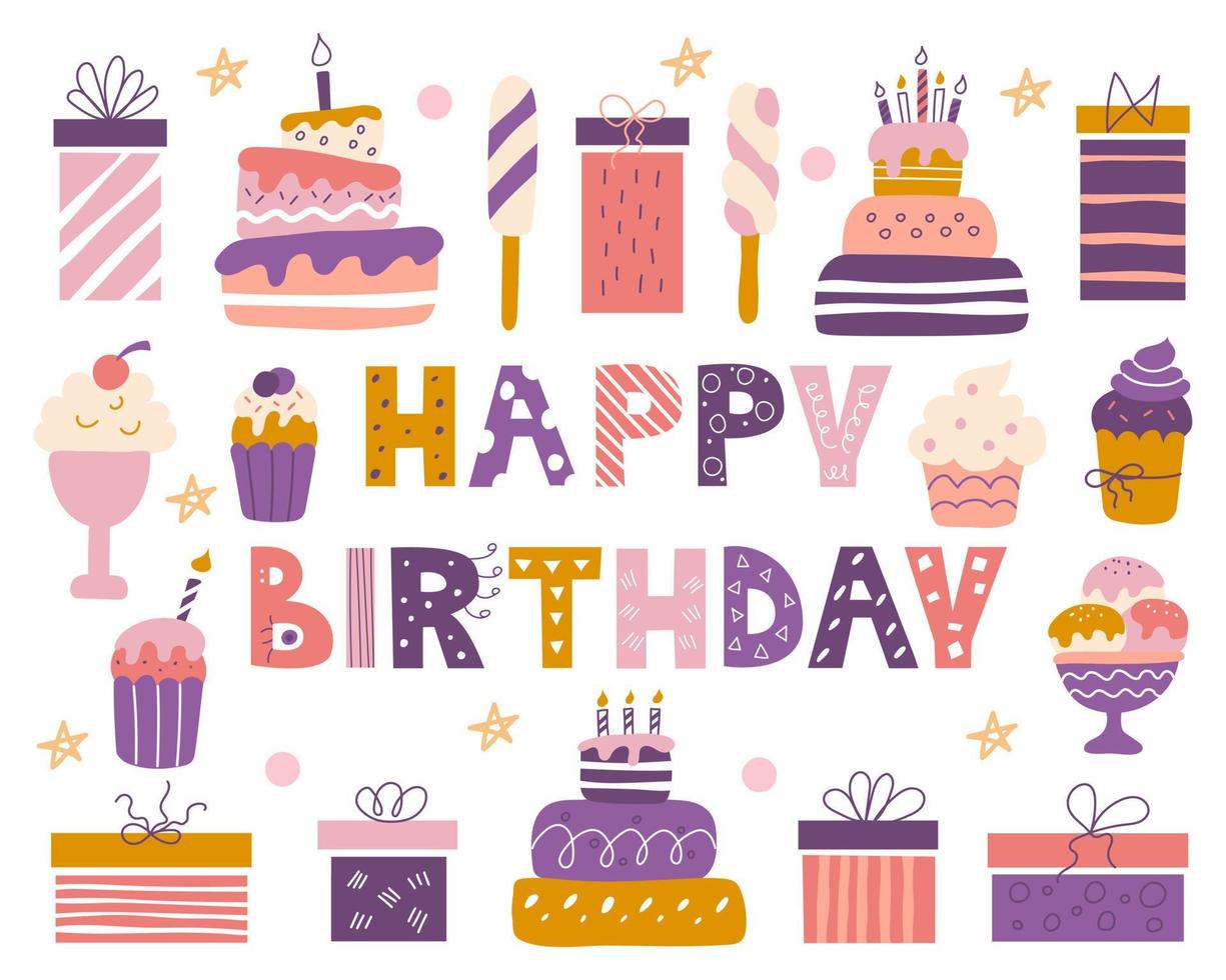 aniversário brilhante com uma inscrição no estilo doodle. bolos, cupcakes, presentes e sorvetes. design para cartões postais, papel de embrulho, tecido vetor