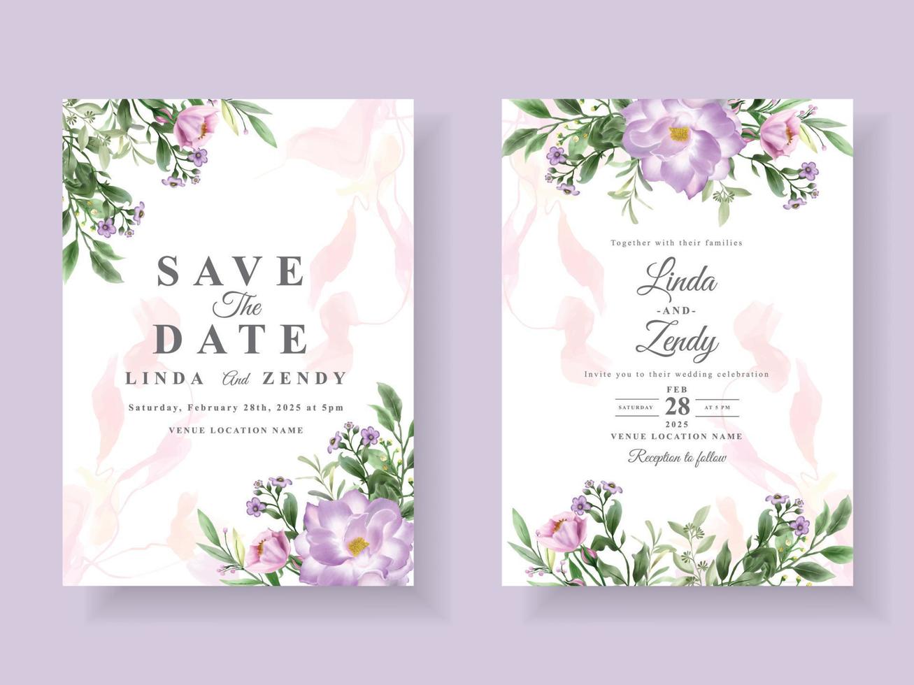modelo de cartão de convite de casamento de lindas flores roxas vetor