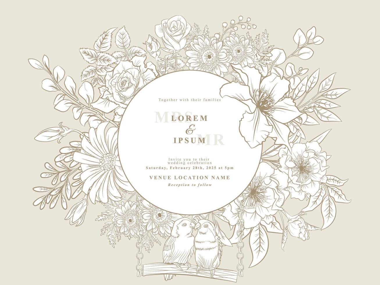 arte de linha floral de cartão de convites de casamento minimalista vetor