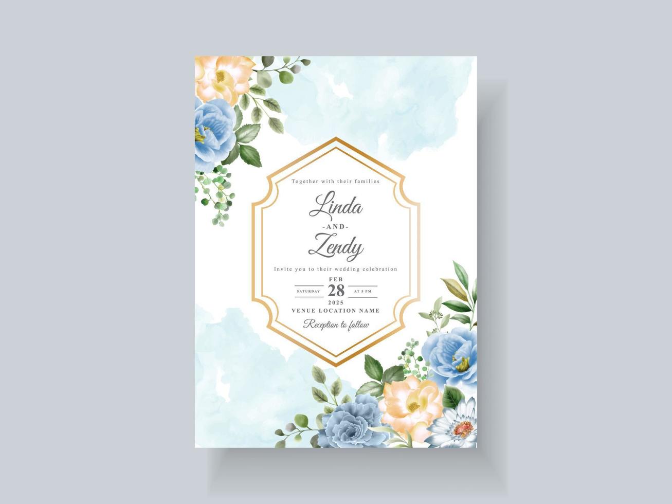 modelo de cartão de convite de casamento de lindas flores azuis vetor