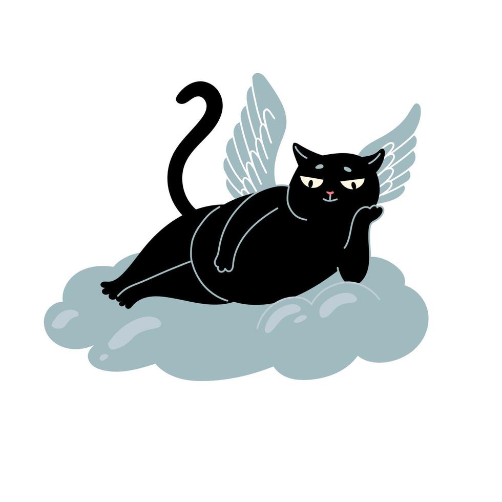 anjo cupido gato preto na nuvem vetor