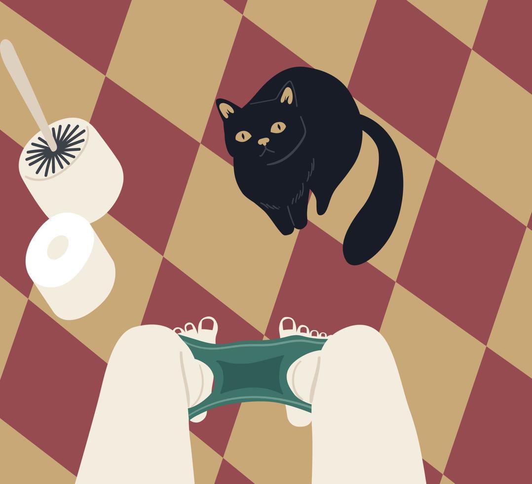 gato preto está sentado e esperando o dono no banheiro. retrato de animal doméstico. Personagem de desenho animado. ilustração vetorial vetor