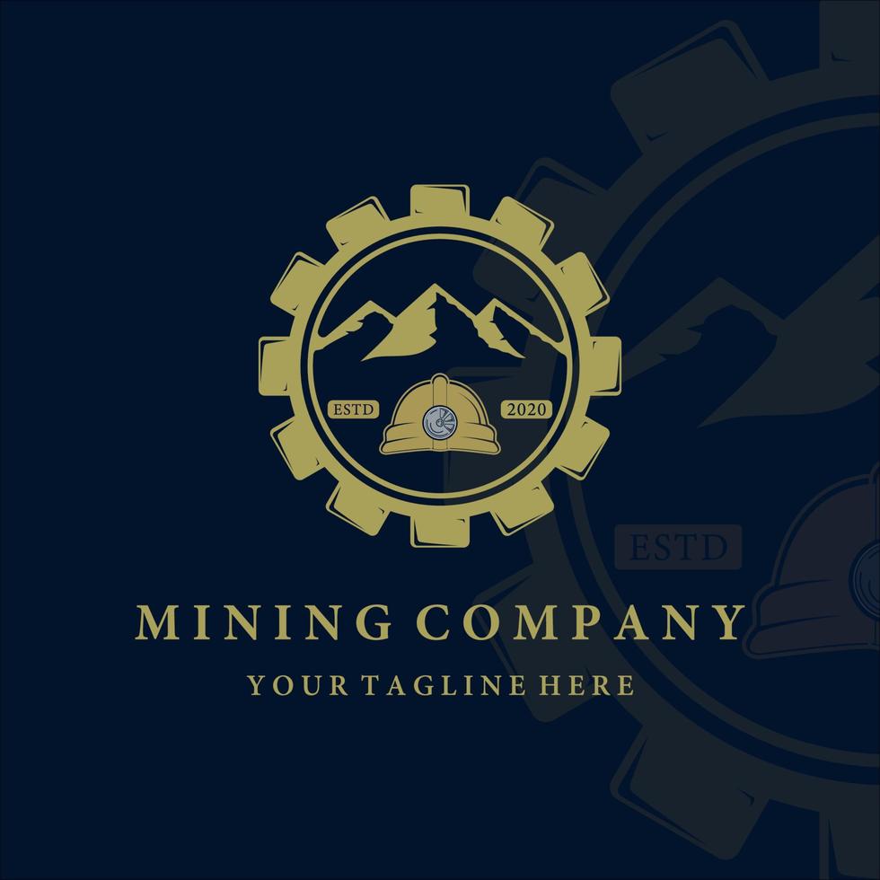 mineração logotipo projeto de ilustração vetorial vintage. conceito de logotipo de montanha e engrenagem para ilustração de mineração. capacete para design de modelo de conceito de ilustração vetorial de logotipo de mineração profissional e tradicional vetor