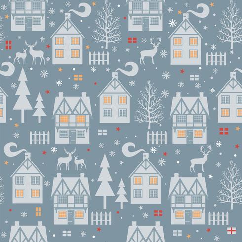 Teste padrão sem emenda do Natal com casas de campo, casas, árvores no fundo azul. Ilustração vetorial vetor