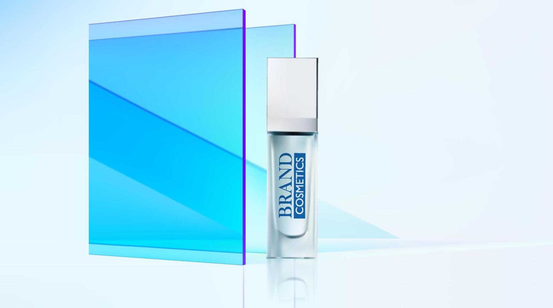 produto cosmético com placas de vidro transparente azul. maquete de produtos cosméticos 3d realistas. ilustração vetorial realista. vetor