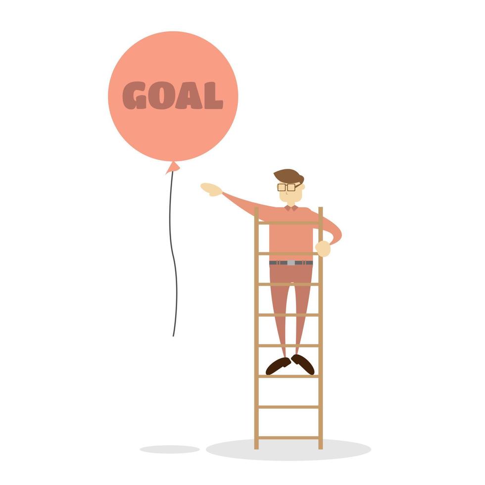 um trabalhador do sexo masculino sobe uma escada e alcança um balão marcado com objetivos. adequado para ilustração de negócios vetor