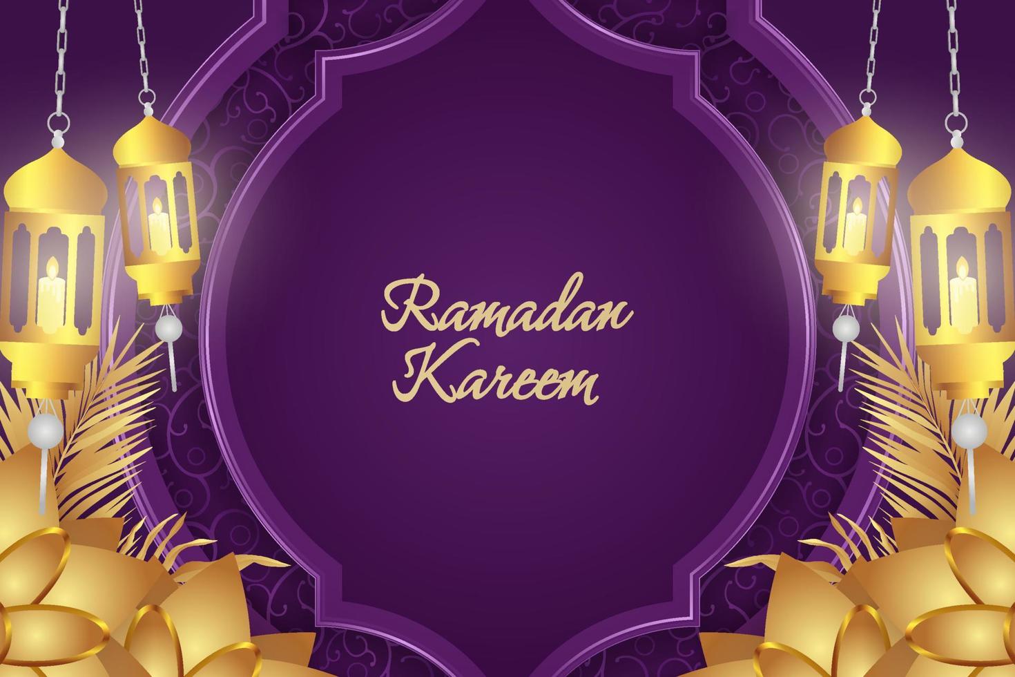 ramadan kareem islâmico roxo e ouro de luxo com lâmpada de ornamento vetor