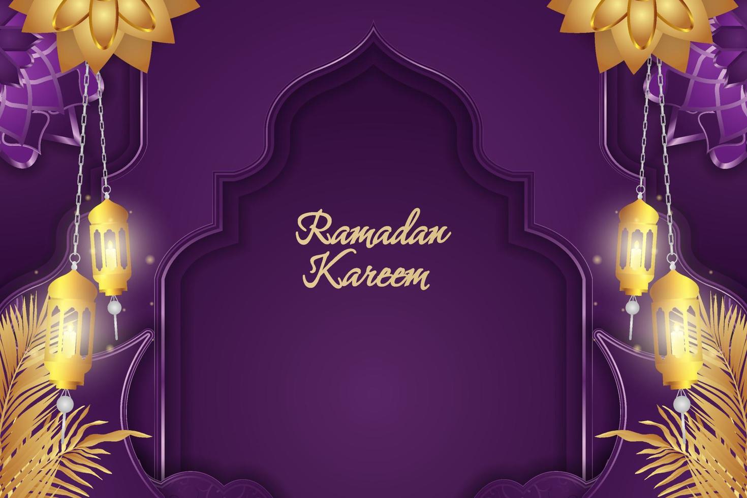 luxo islâmico roxo e dourado de ramadan kareem com elemento vetor