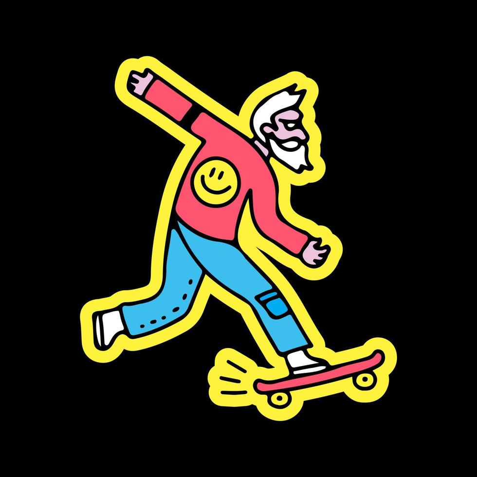 velho barbudo andando de skate, ilustração para t-shirt, adesivo ou mercadoria de vestuário. com estilo doodle, retrô e desenho animado. vetor