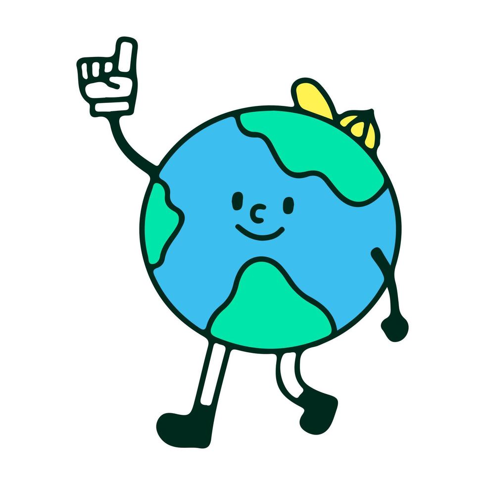 planeta terra usando chapéu e mostrando o gesto do dedo número um, ilustração para camiseta, adesivo ou mercadoria de vestuário. com estilo doodle, retrô e desenho animado. vetor