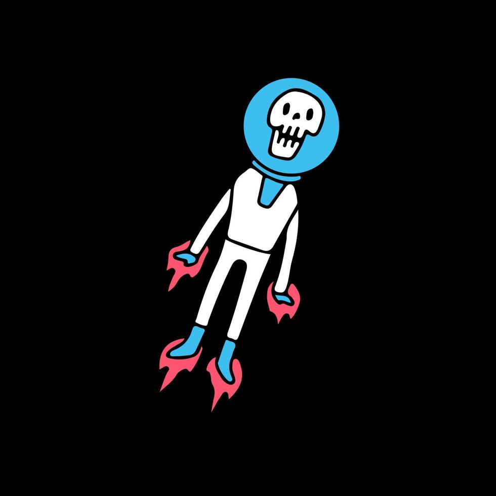crânio de astronauta voando como um foguete, ilustração para camiseta, adesivo ou mercadoria de vestuário. com estilo doodle, retrô e desenho animado. vetor