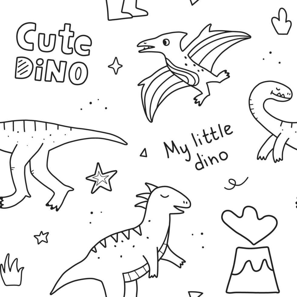 padrão perfeito com dinossauros fofos e letras de mão. desenho de doodle vetorial desenhado à mão para crianças. vetor