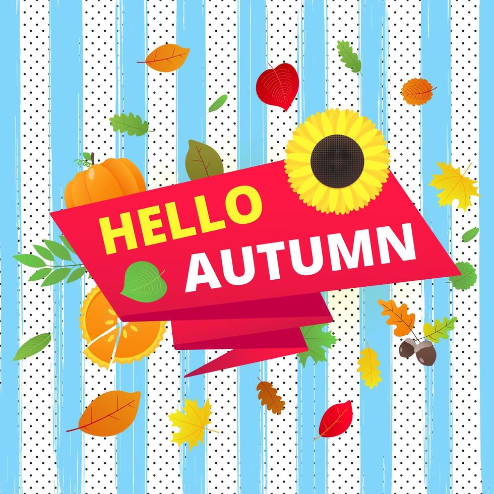 Olá outono vector banner ou cartaz gradiente estilo plano design ilustração vetorial. enorme fita vermelha com texto, folhas coloridas, abóbora, girassol, torta e milho isolado em fundo divertido.