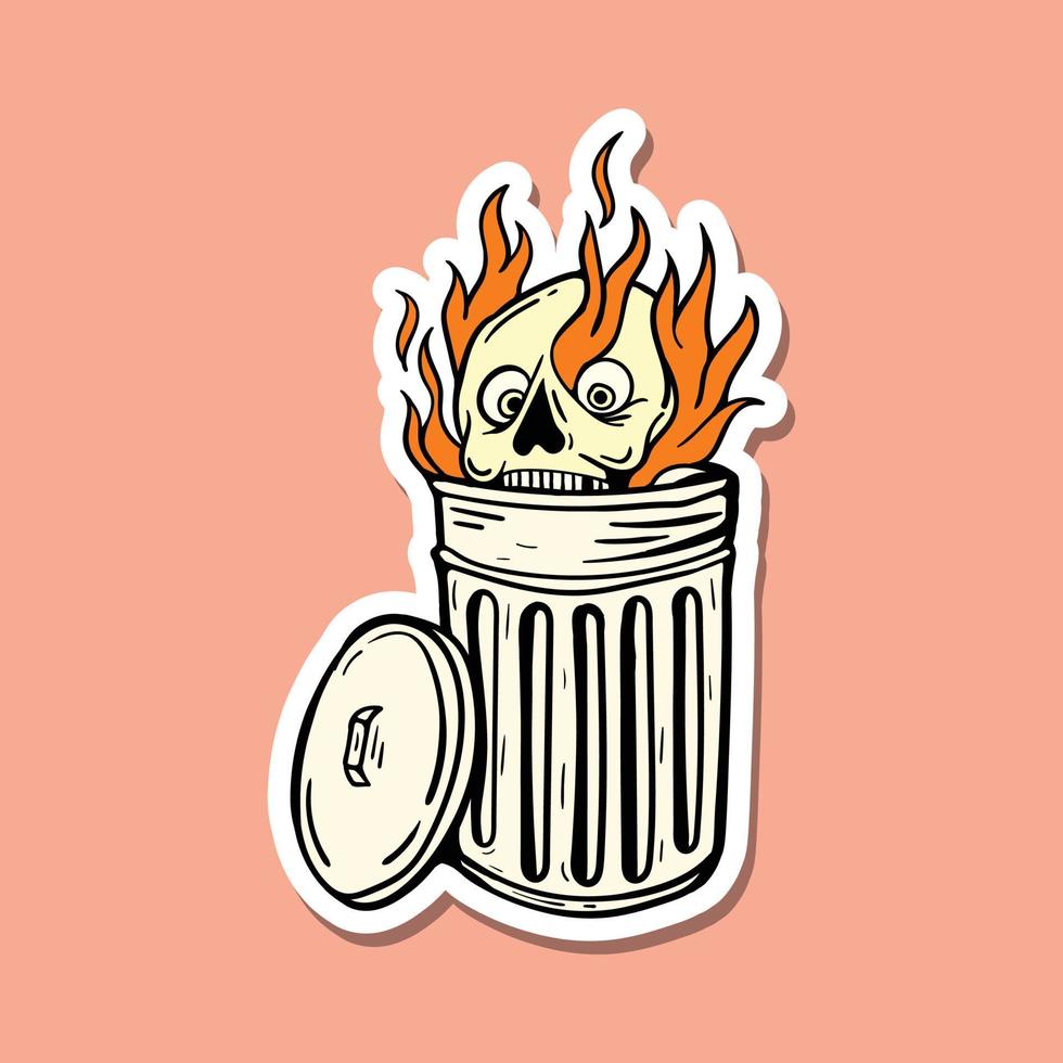 crânio de fogo desenhado à mão na lata de lixo doodle ilustração para adesivos de tatuagem etc vetor premium