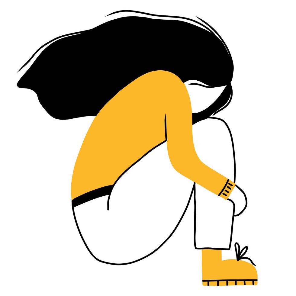 mulher deprimida com pensamentos confusos na cabeça dela. uma jovem triste senta-se e está infeliz, abraçando os joelhos. ilustração de depressão concept.vector em estilo doodle. vetor