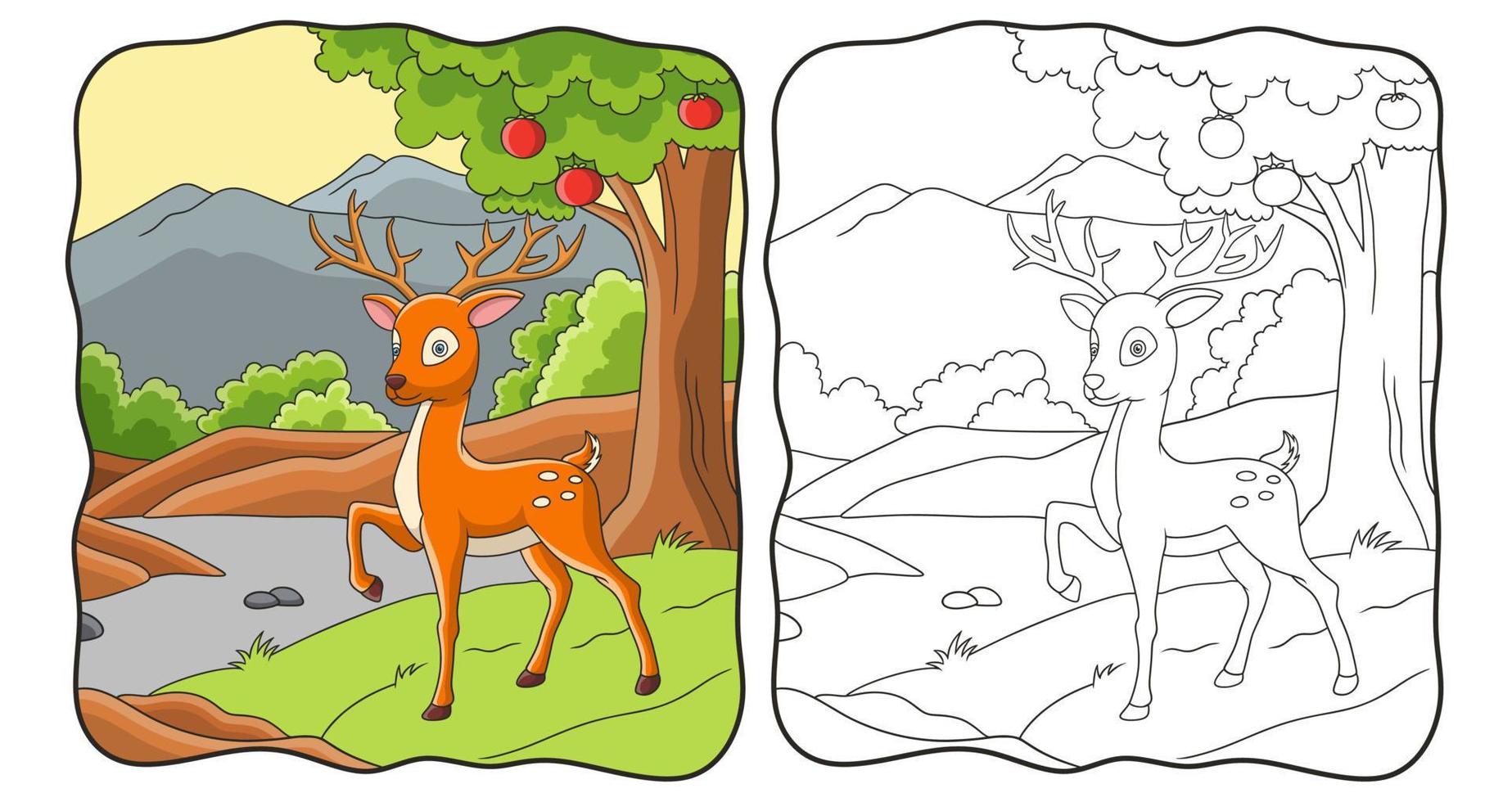 veado de ilustração dos desenhos animados andando no livro ou página da floresta para crianças vetor