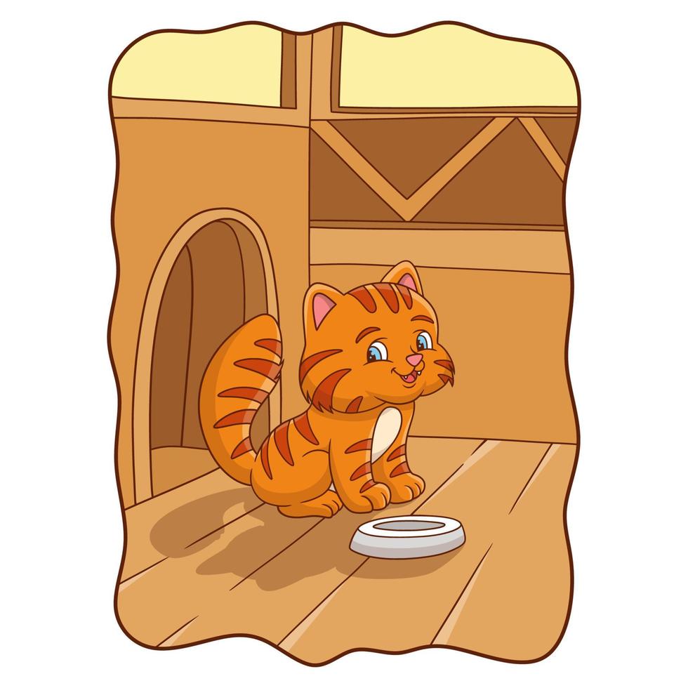 gato de ilustração dos desenhos animados está se preparando para comer com seu prato vetor
