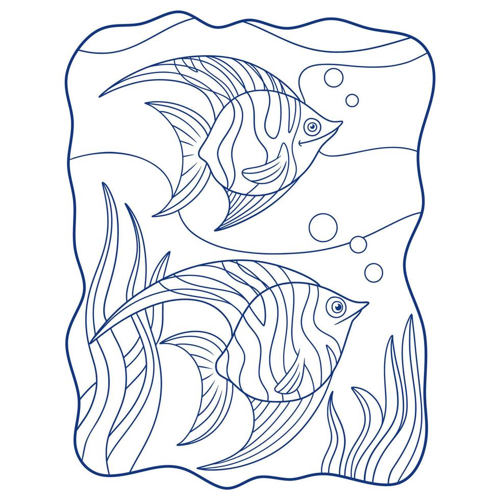 ilustração dos desenhos animados dois peixes-anjo nadando no livro do mar ou página para crianças preto e branco vetor