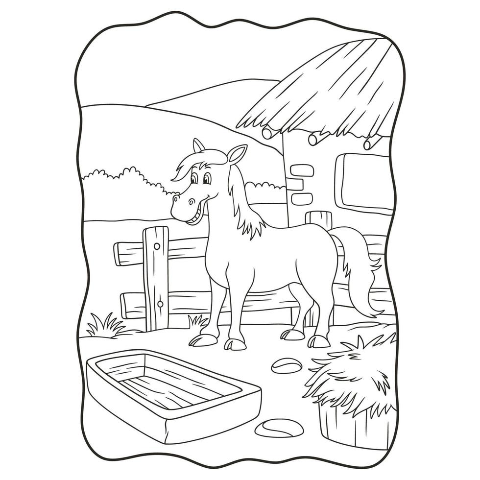 ilustração dos desenhos animados, um cavalo está em uma fazenda à beira de um livro ou página de colina para crianças em preto e branco vetor