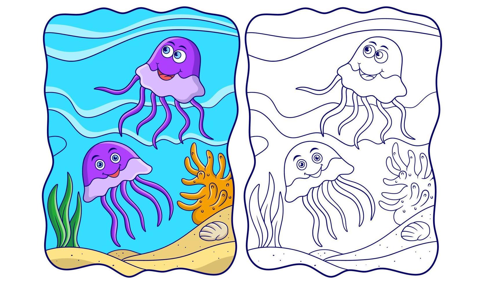 ilustração dos desenhos animados duas águas-vivas nadando perto do livro ou página do recife de coral do oceano para crianças vetor