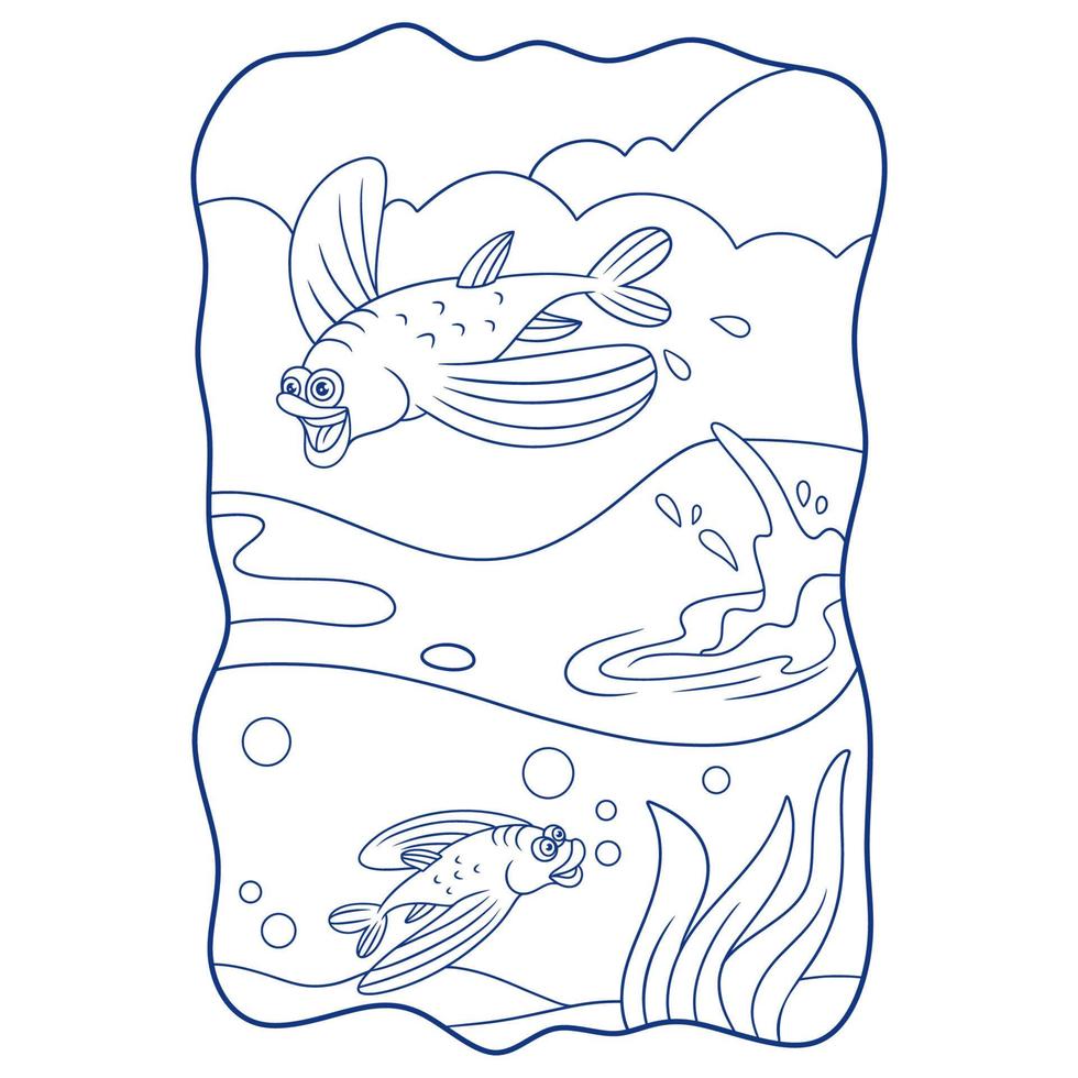 ilustração dos desenhos animados dois peixes com barbatanas longas nadando e pulando no livro ou página do oceano para crianças preto e branco vetor